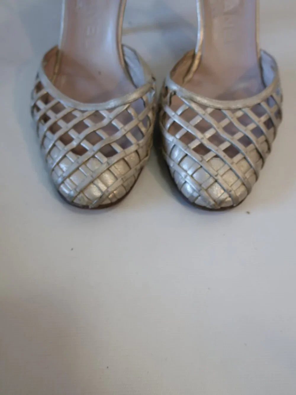 Women Chanel Metallic Champagne Fishnet Leather Ankle Strap Heels 38 EUR/US 8 - Picture 2 of 13
